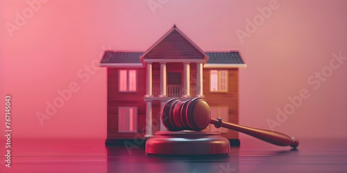 Real estate auction concept with gavel house model and legal AI symbolizing justice taxes profits and home buying. Concept Real Estate Auction, Gavel House Model, Legal AI, Justice Symbolism photo