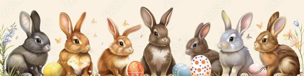Fototapeta premium Panorama banner with a border of colorful decorated Easter eggs,generative AI.