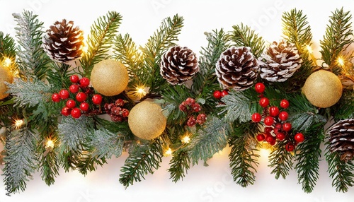 christmas garland of evergreen tree pine and holly berries and cones on isolated white background