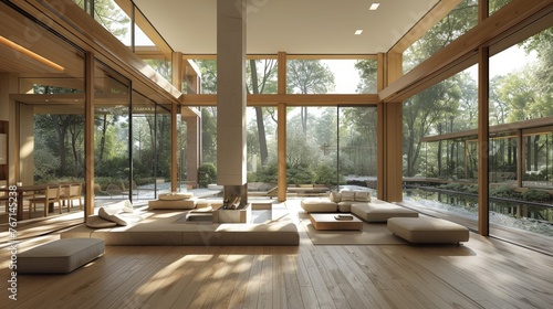  a living room with a lot of windows and a couch in the middle of the room with a lot of pillows on it. © Shanti