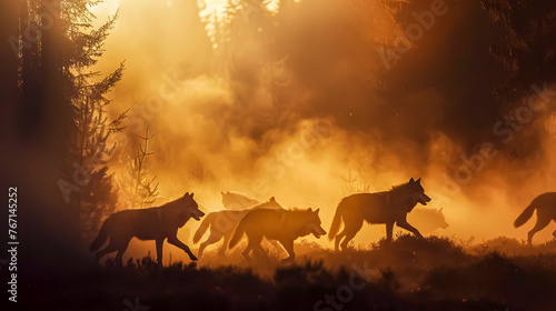 Group of wild wolves running in the forest at sunset. Wildlife scene.