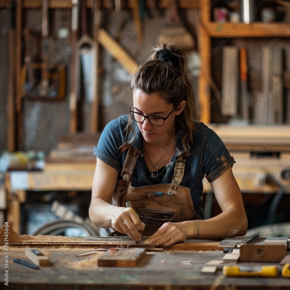 Carpenter, A skilled woman crafting woodwork, Carpentry workshop background, woman, diversity -- Carpenter, A skilled woman crafting woodwork, Carpentry workshop background, woman, diversity --