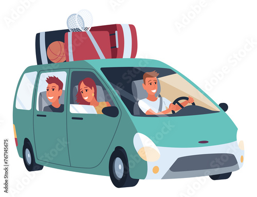 People traveling by car. Happy family in road trip. Hitchhiking and traveling concept for banner, website design or landing web page. People in auto adventure on white background