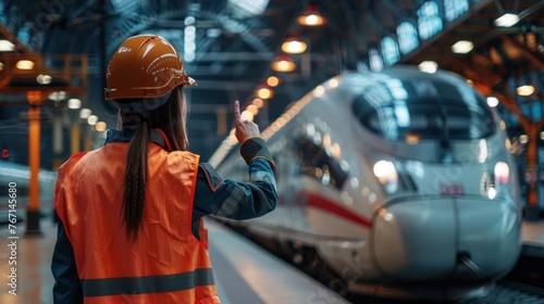 Female engineer signals while engineer inspects train to plan maintenance in station