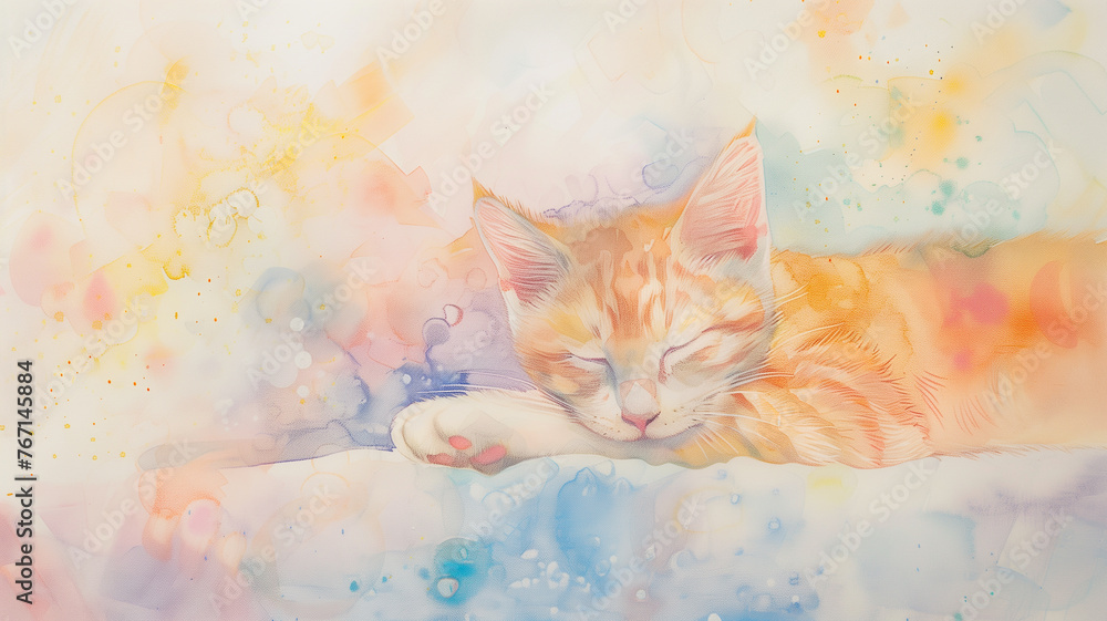 Obraz premium Whimsical watercolor cat, pastel paradise, soft studio glow, designed for engaging stories