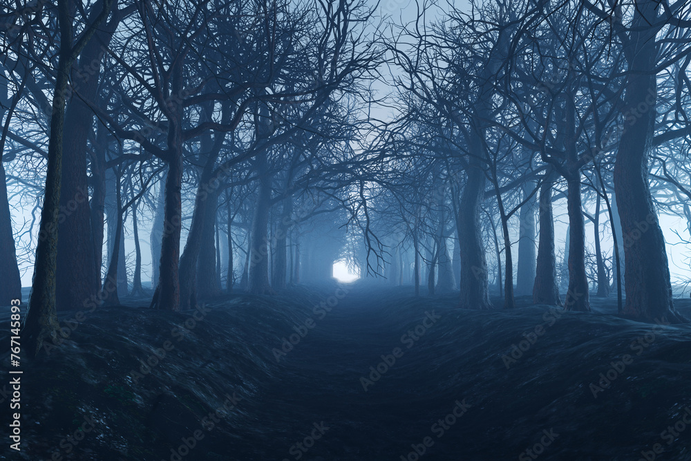 Enigmatic Twilight: Mist-Enshrouded Forest Path Leading to Unknown Light Enigmatic Twilight: Mist-Enshrouded Forest Path Leading to Unknown Light
