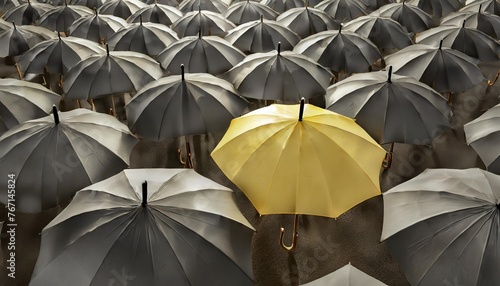 background with umbrellas individuality concept yellow umbrella stands out among black ones metaphor for unique offer stylish background with umbrellas individuality to stand out 3d image photo