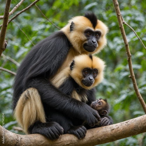 close image of Yellow Cheeked Gibbon monkey (Nomascus Gabriallae) mother with child in the forest photo