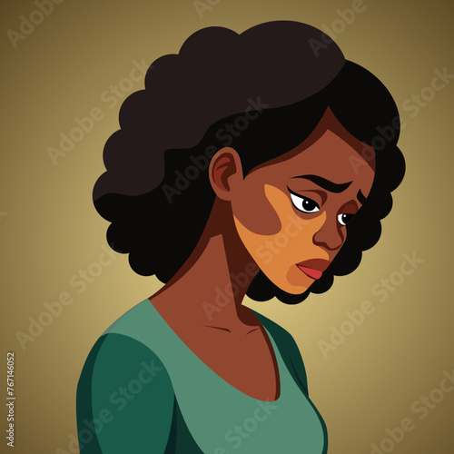 The black woman is feeling sad because she has vitiligo.