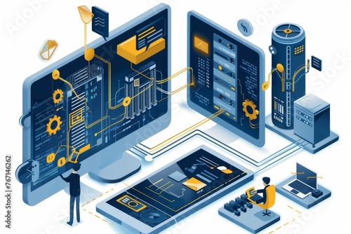 A computer monitor displays a complex network of wires and devices. A man is sitting in front of the monitor, looking at it intently. Concept of technology and innovation