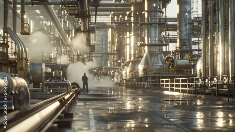 Chemical industry worker in clothes working in a refinery with pipes