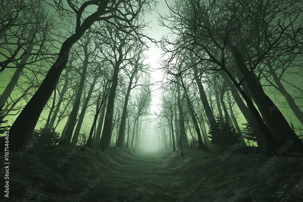 Fototapeta premium Enigmatic Twilight: The Mysterious Veil of Fog Enshrouding a Silent Forest