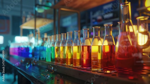 Chemist is preparing colorful test tubes on table with many chemical and chemical structure formulas in science lab.