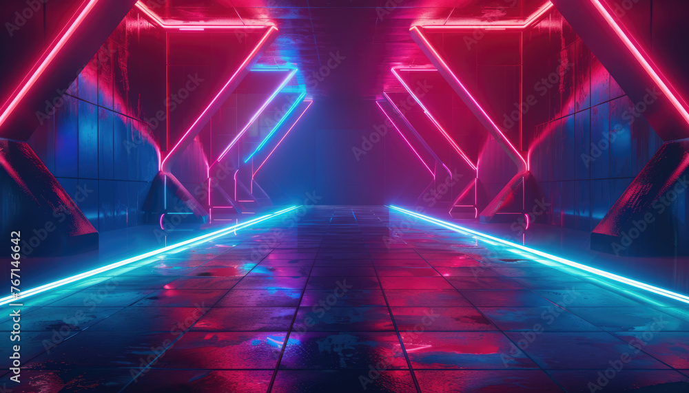 Futuristic neon lit corridor with reflections Futuristic neon lit corridor with reflections