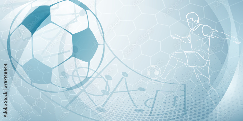 Football themed background in light blue tones with abstract dots, meshes and curves, with sport symbols such as a football player, stadium and ball