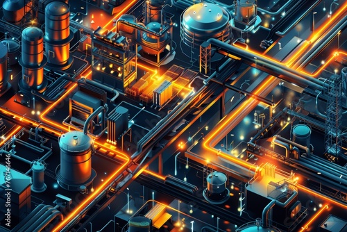 A futuristic cityscape with a lot of industrial buildings and a lot of orange and blue lights