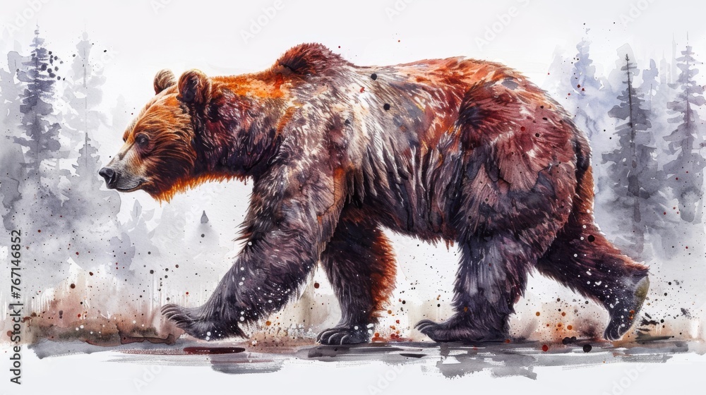  a painting of a grizzly bear walking in the snow with trees in the back ground and snow on the ground. - obrazy, fototapety, plakaty 