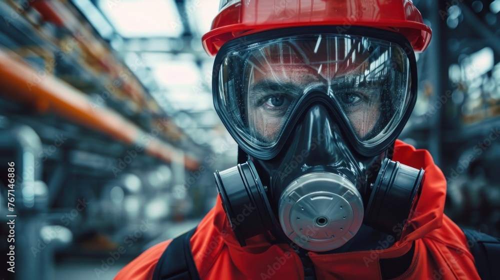 A young engineer wearing a gas mask shows a hand signal not to enter a hazardous area in an industrial plant. A young engineer wearing a gas mask shows a hand signal not to enter a hazardous area in an industrial plant.