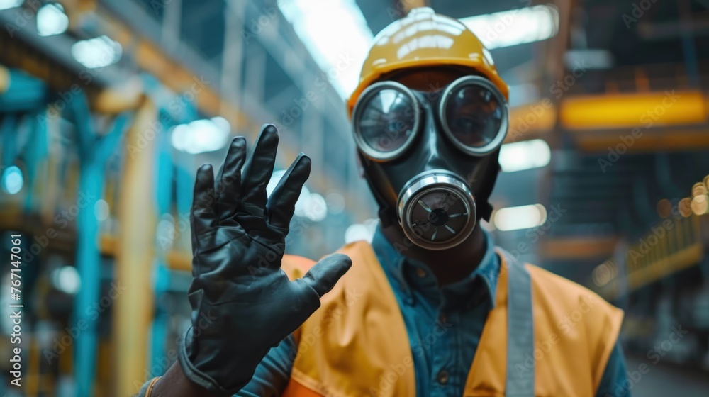 A young engineer wearing a gas mask shows a hand signal not to enter a ...