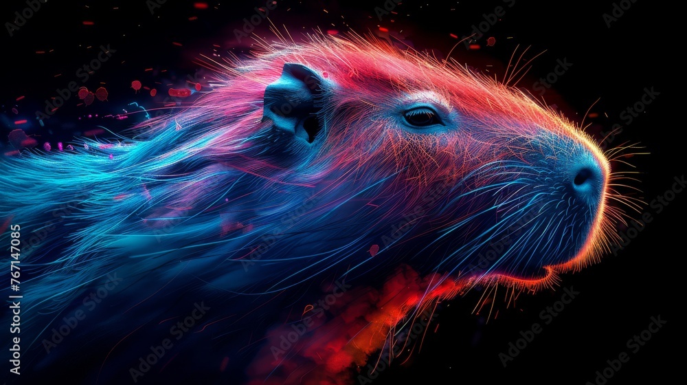  a close up of a rodent's face with colorful paint splatches on it's fur.