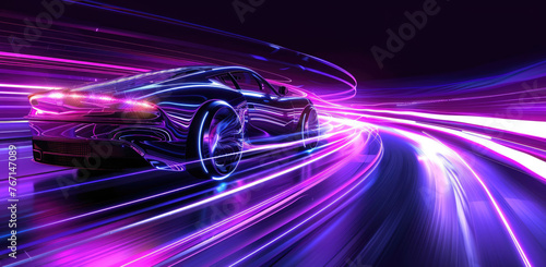 High-speed sports car racing with colorful light effects