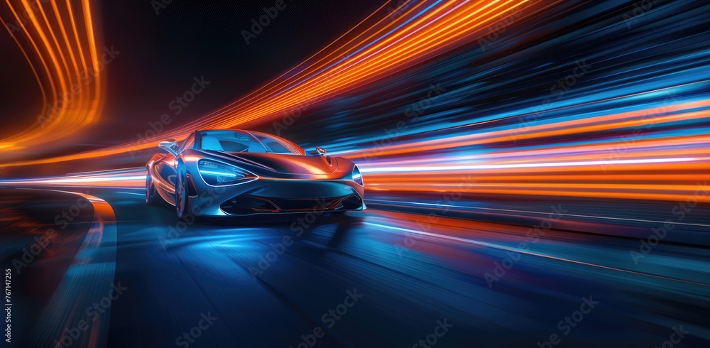 Speeding car with blue and orange light trails