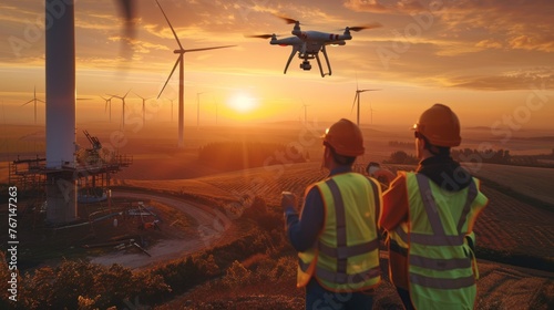 Two Asian male engineers flying a drone to survey and inspect wind turbines during sunset.
