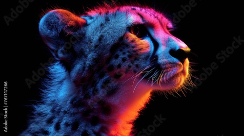  a close up of a cheetah's face on a black background with a red and blue light.