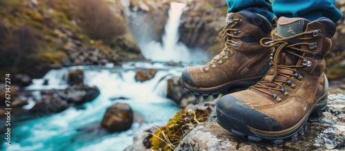 Hiker Boots Close-Up with European Waterfall
