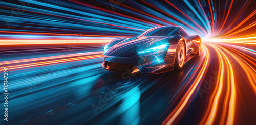 Blue sports car racing in neon light vortex