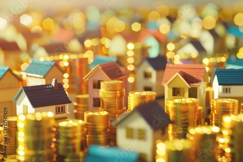 Abundant houses rising from stacks of gold coins, property investment concept, 3D illustration