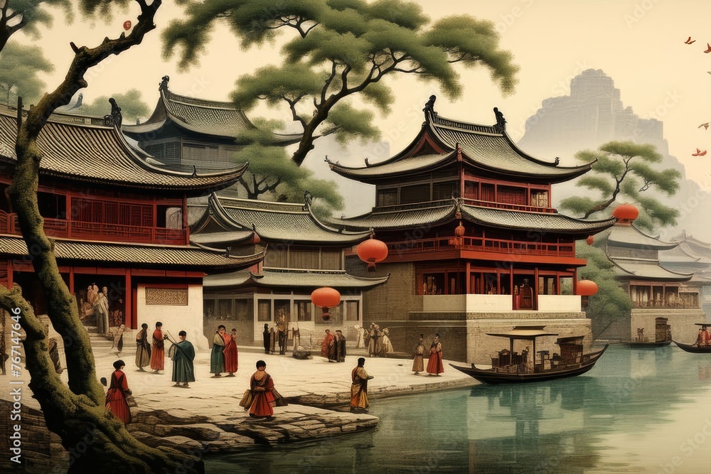 Obraz premium mural wall art wallpaper., Chinese cityscape in the mountains
