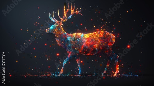  a multicolored deer standing in the middle of a dark room with a lot of stars in the background. © Shanti