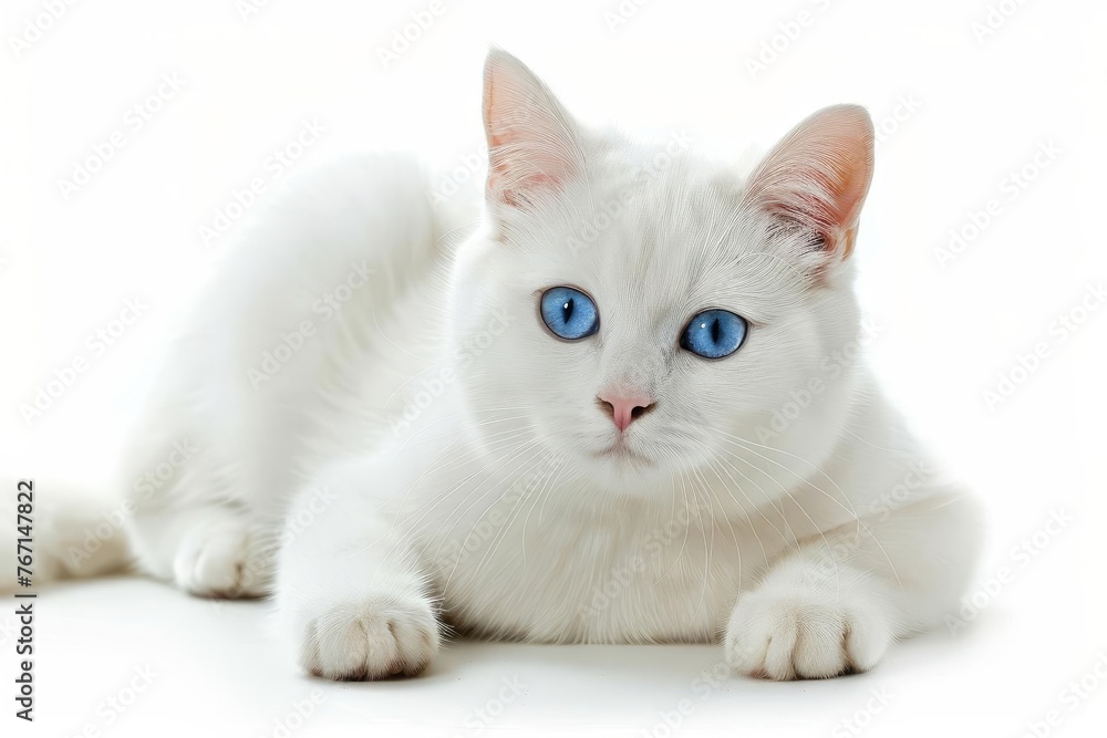 Adorable white English Shorthair cat with bright blue eyes, isolated on white background studio shot