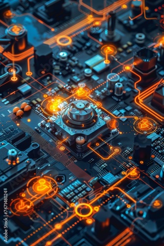A close up of a circuit board with many orange and blue lights. Concept of complexity and technology