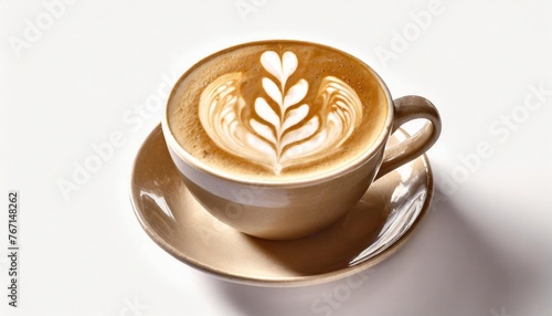 coffee cup of rosetta latte art on white background isolated photo
