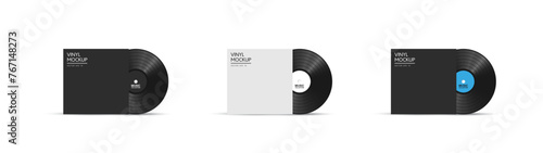 Vinyl disk cover with vinyl disk realistic mockup. Vector EPS 10