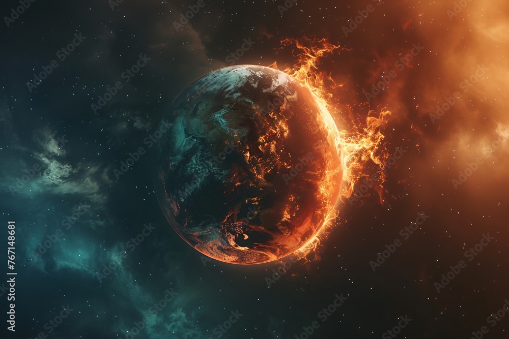 A planet divided one half ablaze the other flourishing showing the stark choices facing humanity - obrazy, fototapety, plakaty 