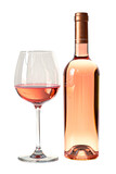 Front view of bottle of rose wine next to a wine glass on a cut out PNG transparent background