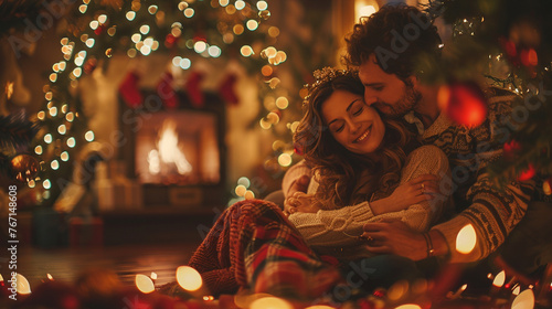 happy couple sitting in front of a fireplace with christmas decoration. Very romantic image