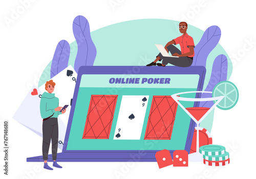 Online poker concept. Men with playing cards and hourglasses. Gambling and games for fortune and luck. Young guys in casino. Cartoon flat vector illustration isolated on white background