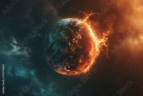 A planet divided one half ablaze the other flourishing showing the stark choices facing humanity