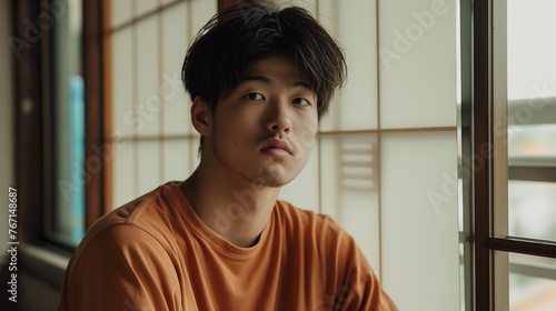 Homem japones vestindo camiseta terra cota com olhar triste ao lado da janela em sua casa 