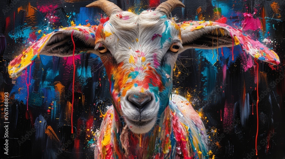  a painting of a goat's face with colorful paint splatters all over it's body and head.