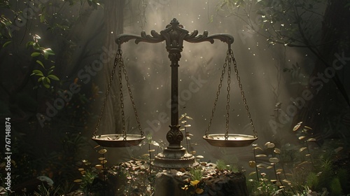 A pair of scales unbalanced by weights labeled with virtues and vices symbolizing the delicate equilibrium of moral consequences photo