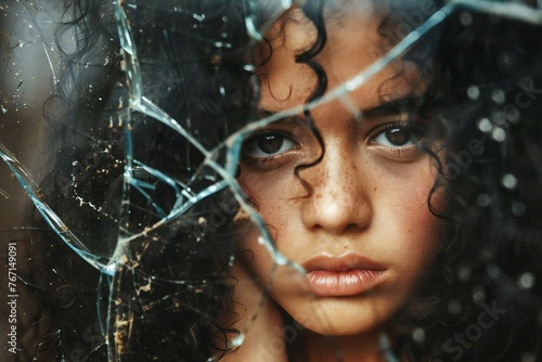 Young african american depressed girl look thropugh a broken glass photo