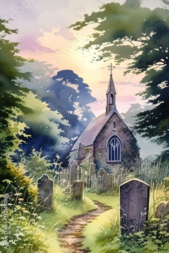 Watercolour overgrown village churchyard with headstones