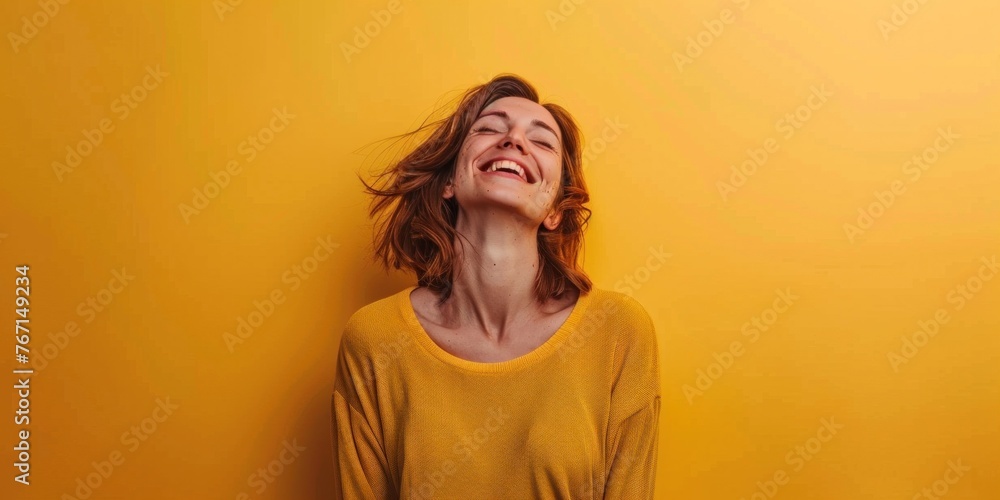 Joyful European Woman Yellow Background Joyful European Woman Yellow Background