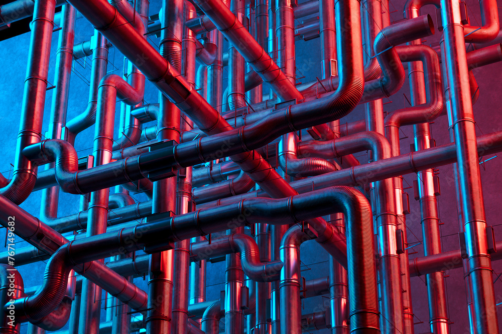 Futuristic Industrial Pipelines Illuminated by Vibrant Neon Lights