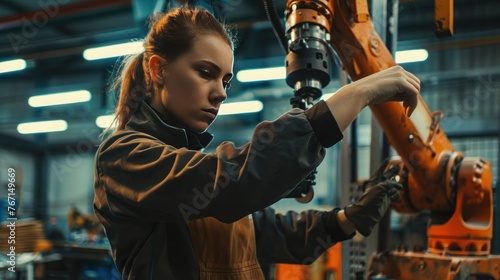 Female engineer installs program on robot arm in robot warehouse and test the work before sending the machine to the customer